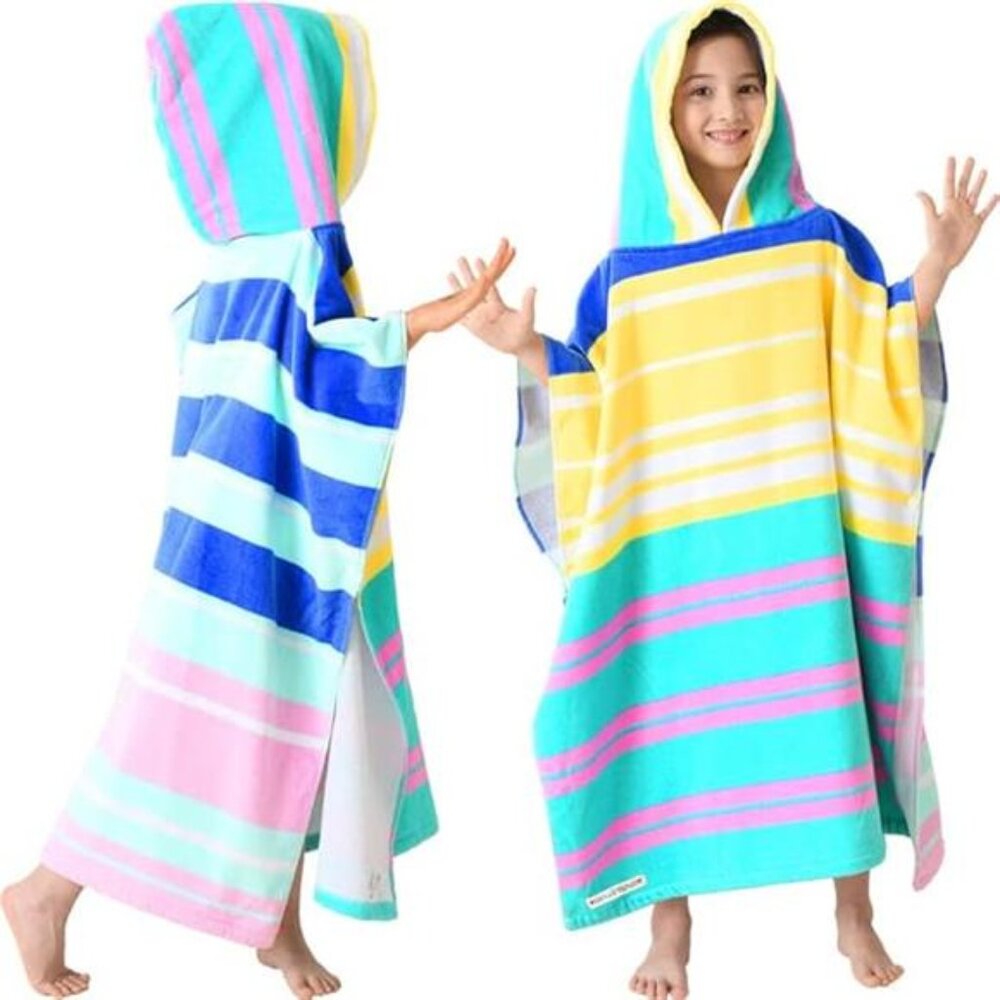 Kids Hooded Towel Poncho Big Kids Bath Beach Swimming Soft Cotton Stripe 6 to 12